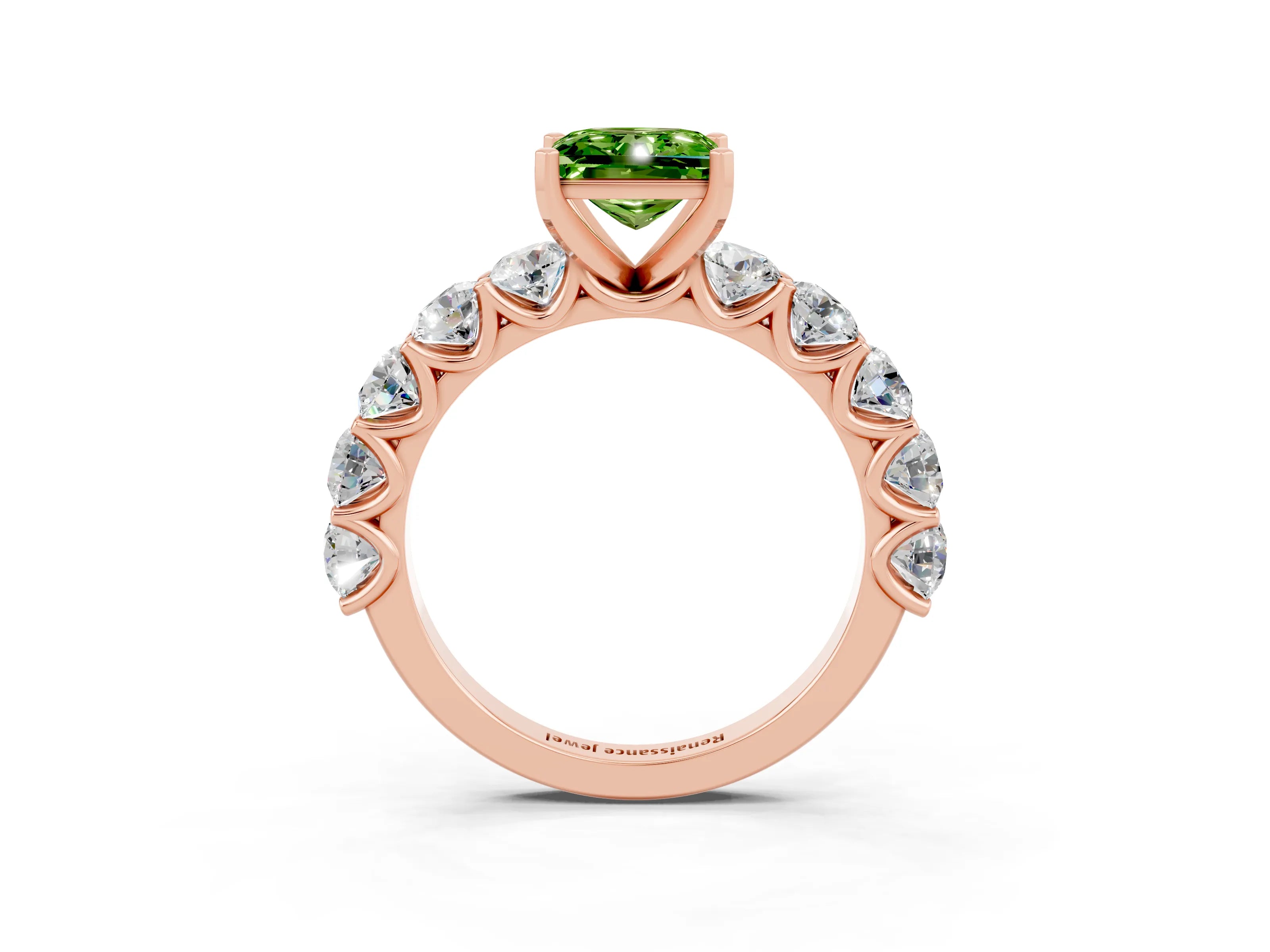 Rose gold Princess Cut Peridot Prong Setting with Side Stones on a Pave Band_3