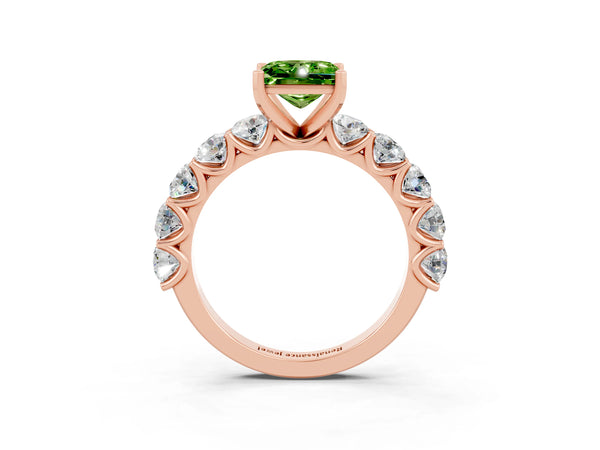 Rose gold Princess Cut Peridot Prong Setting with Side Stones on a Pave Band