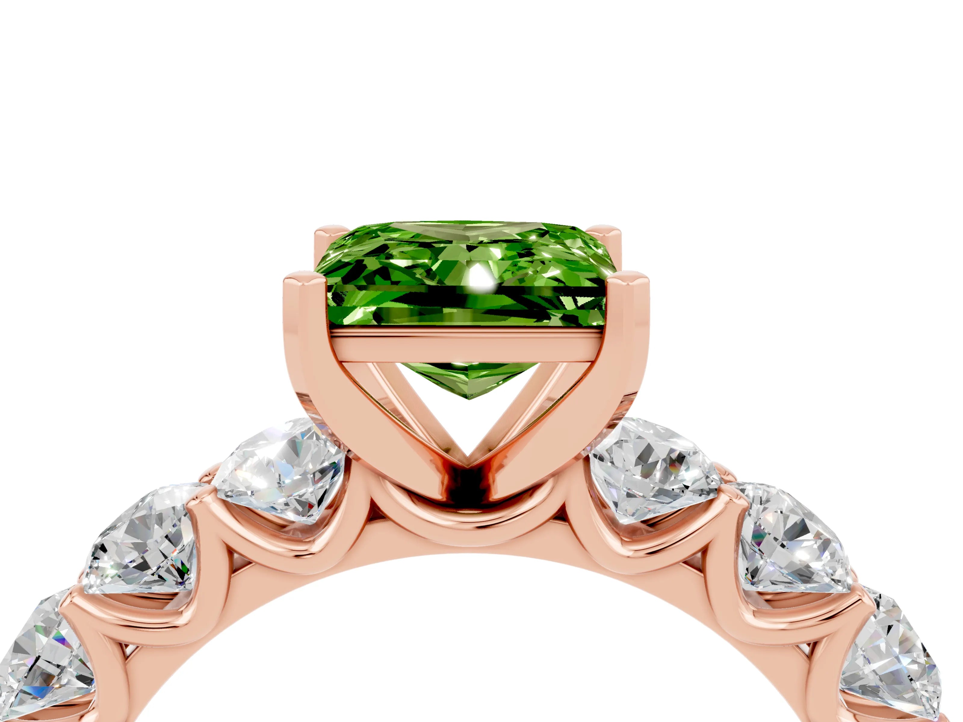 Rose gold Princess Cut Peridot Prong Setting with Side Stones on a Pave Band_4