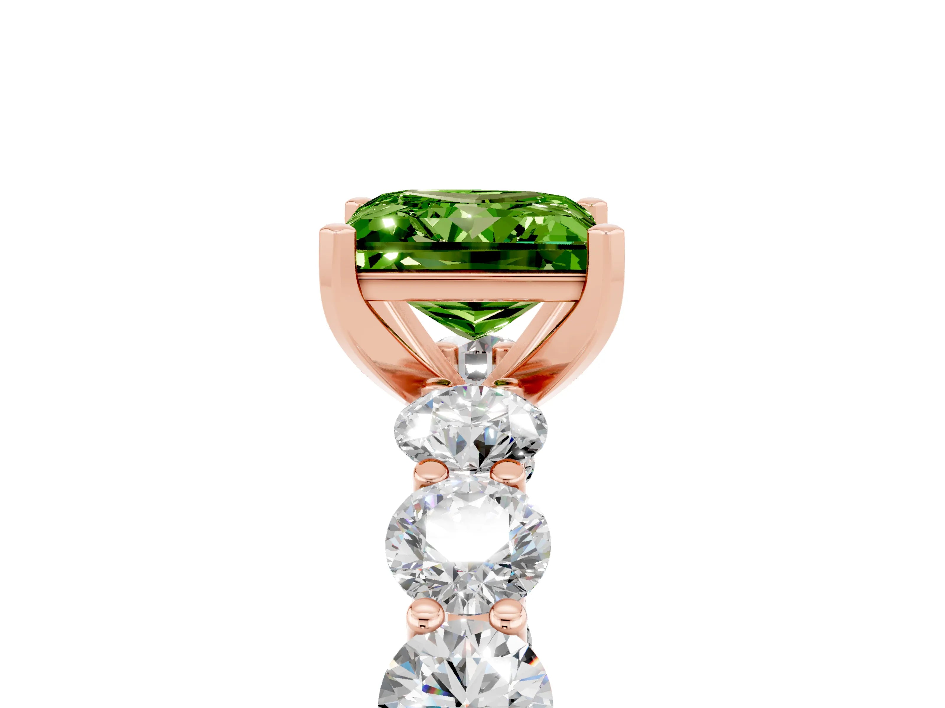 Rose gold Princess Cut Peridot Prong Setting with Side Stones on a Pave Band_5