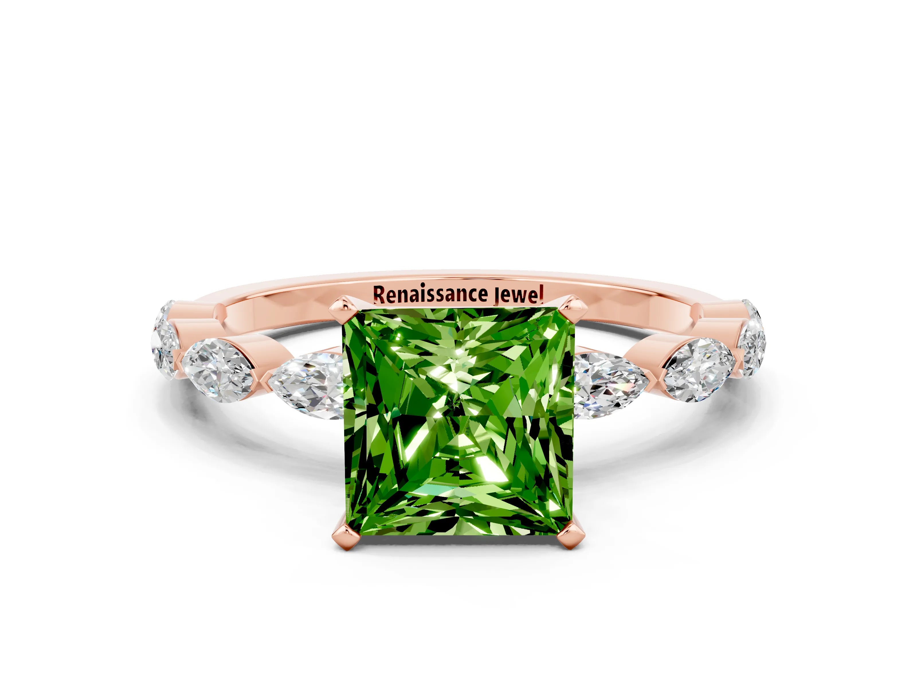 Rose gold Princess Cut Peridot Ring with Marquise Side Stones and Prong Setting