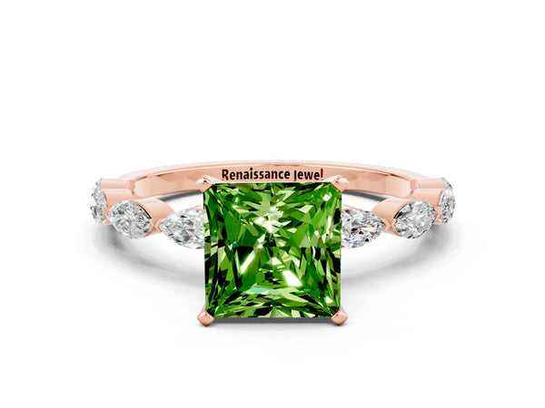 Rose gold Princess Cut Peridot Ring with Marquise Side Stones and Prong Setting
