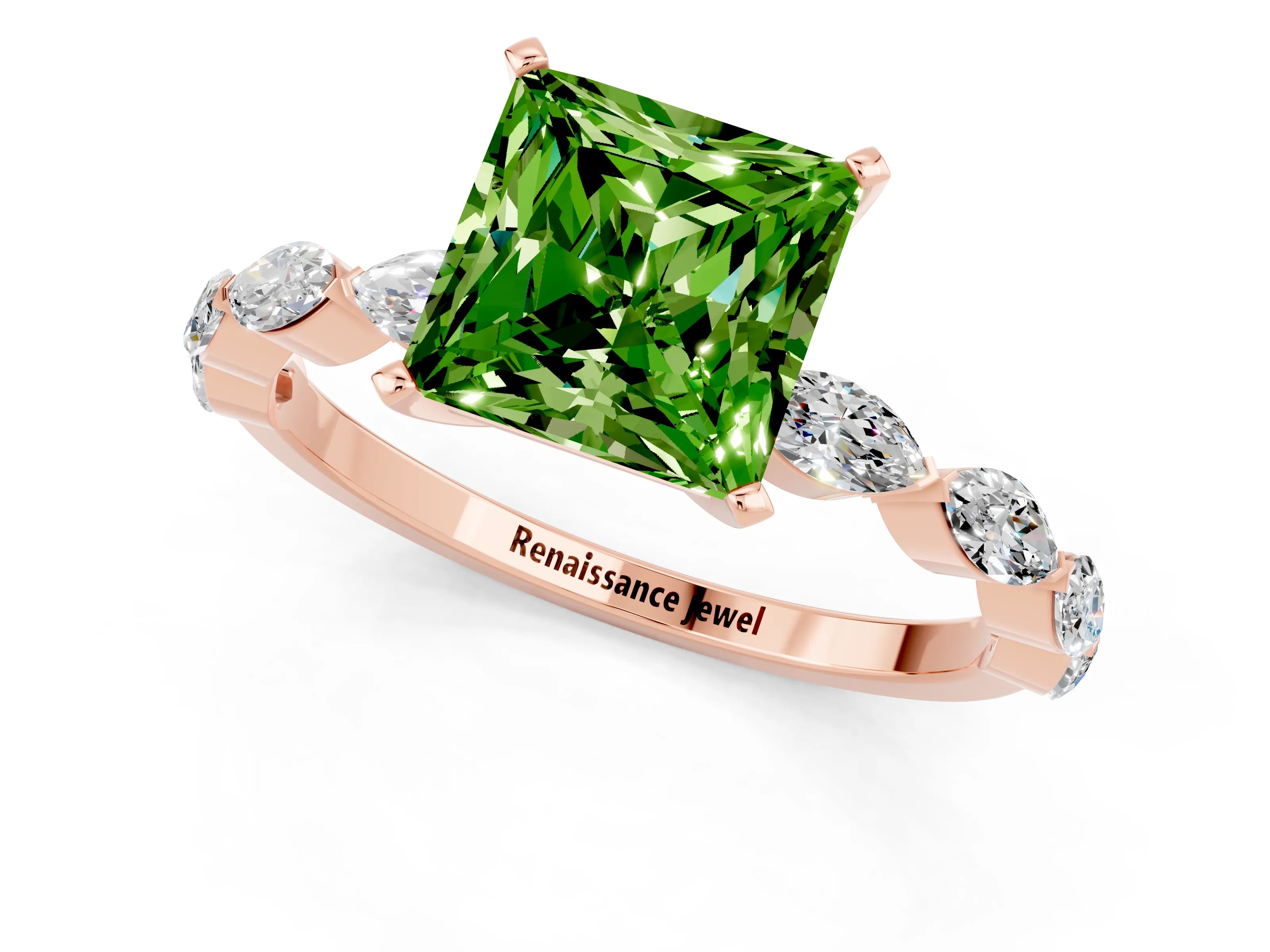 Rose gold Princess Cut Peridot Ring with Marquise Side Stones and Prong Setting_1