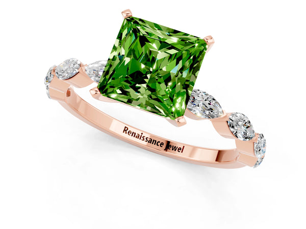 Rose gold Princess Cut Peridot Ring with Marquise Side Stones and Prong Setting