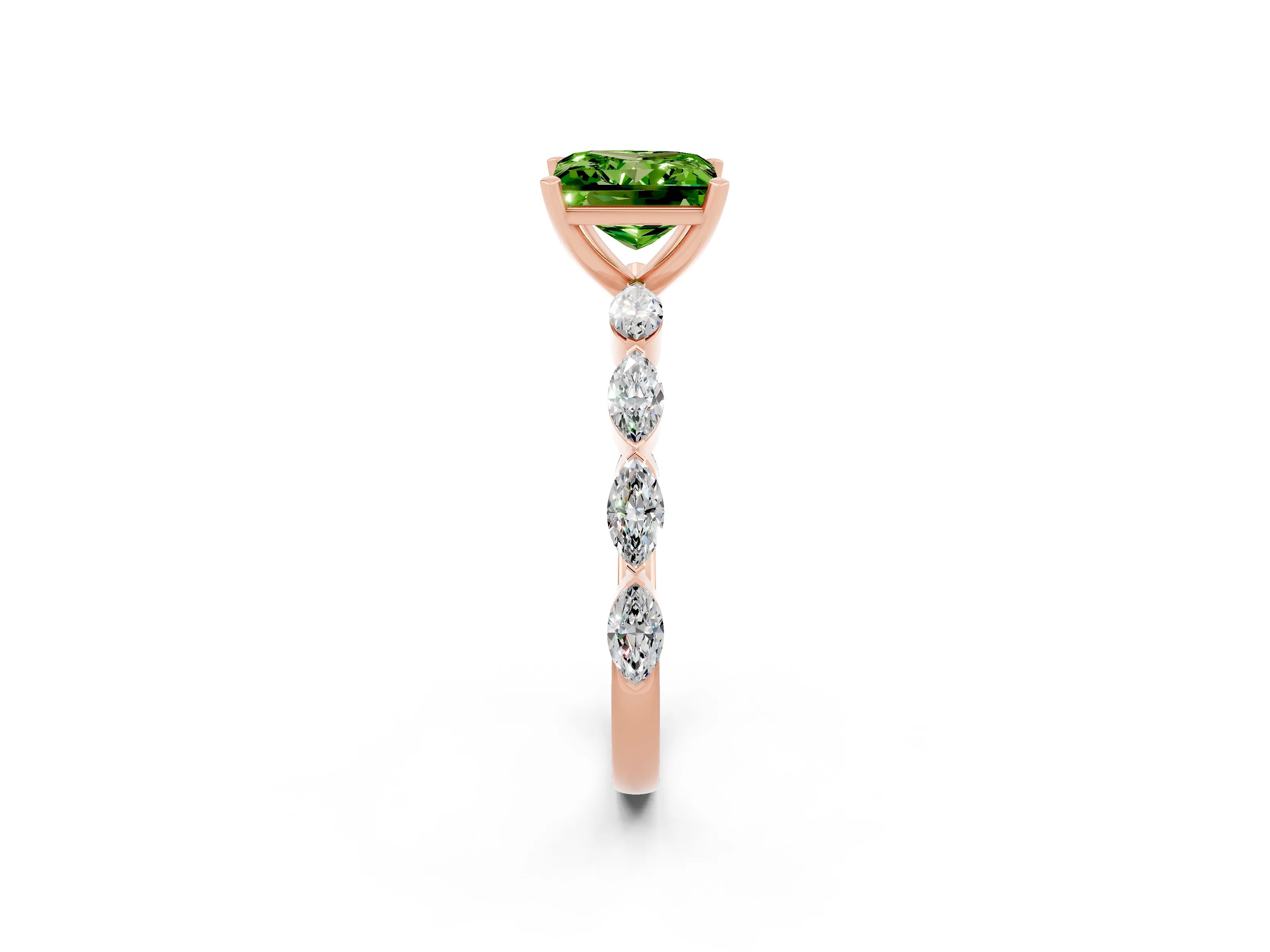 Rose gold Princess Cut Peridot Ring with Marquise Side Stones and Prong Setting_2