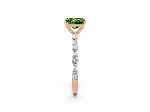 Rose gold Princess Cut Peridot Ring with Marquise Side Stones and Prong Setting