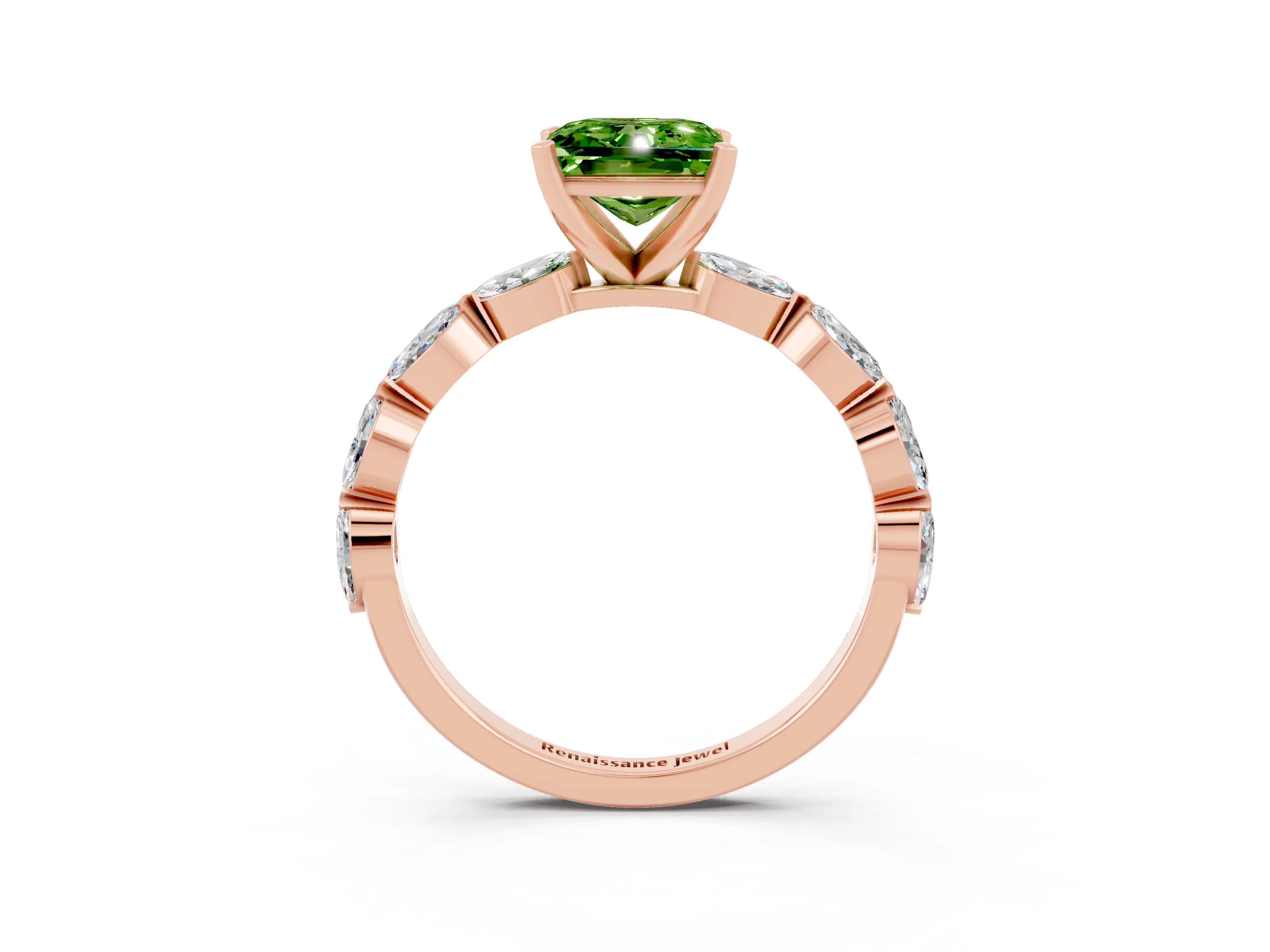 Rose gold Princess Cut Peridot Ring with Marquise Side Stones and Prong Setting_3