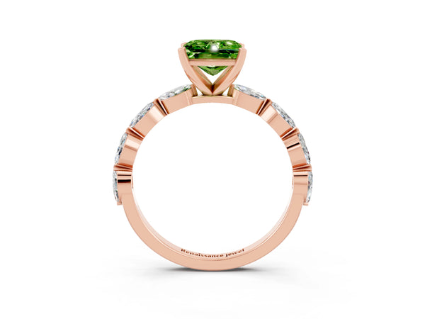 Rose gold Princess Cut Peridot Ring with Marquise Side Stones and Prong Setting