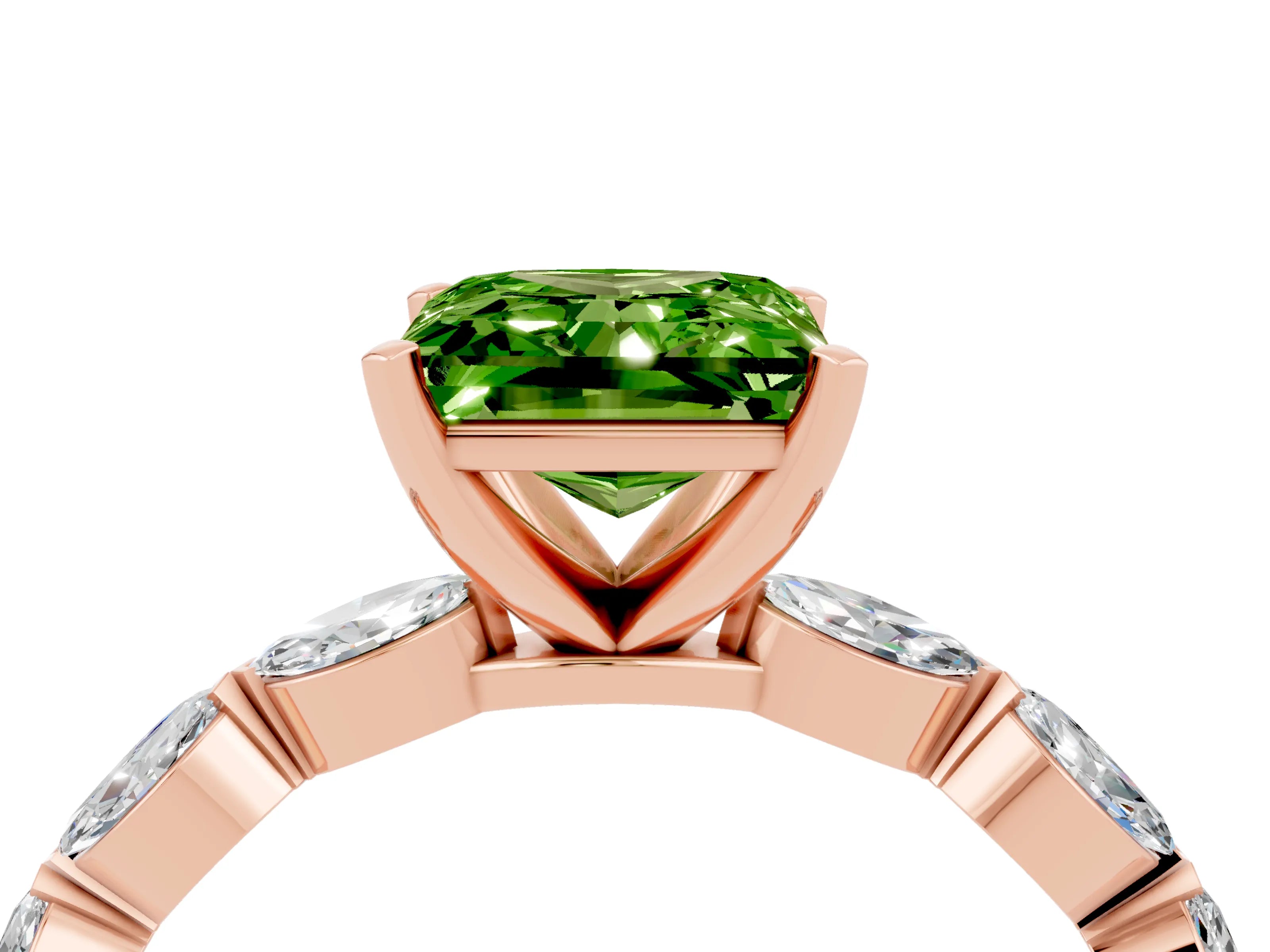 Rose gold Princess Cut Peridot Ring with Marquise Side Stones and Prong Setting_4