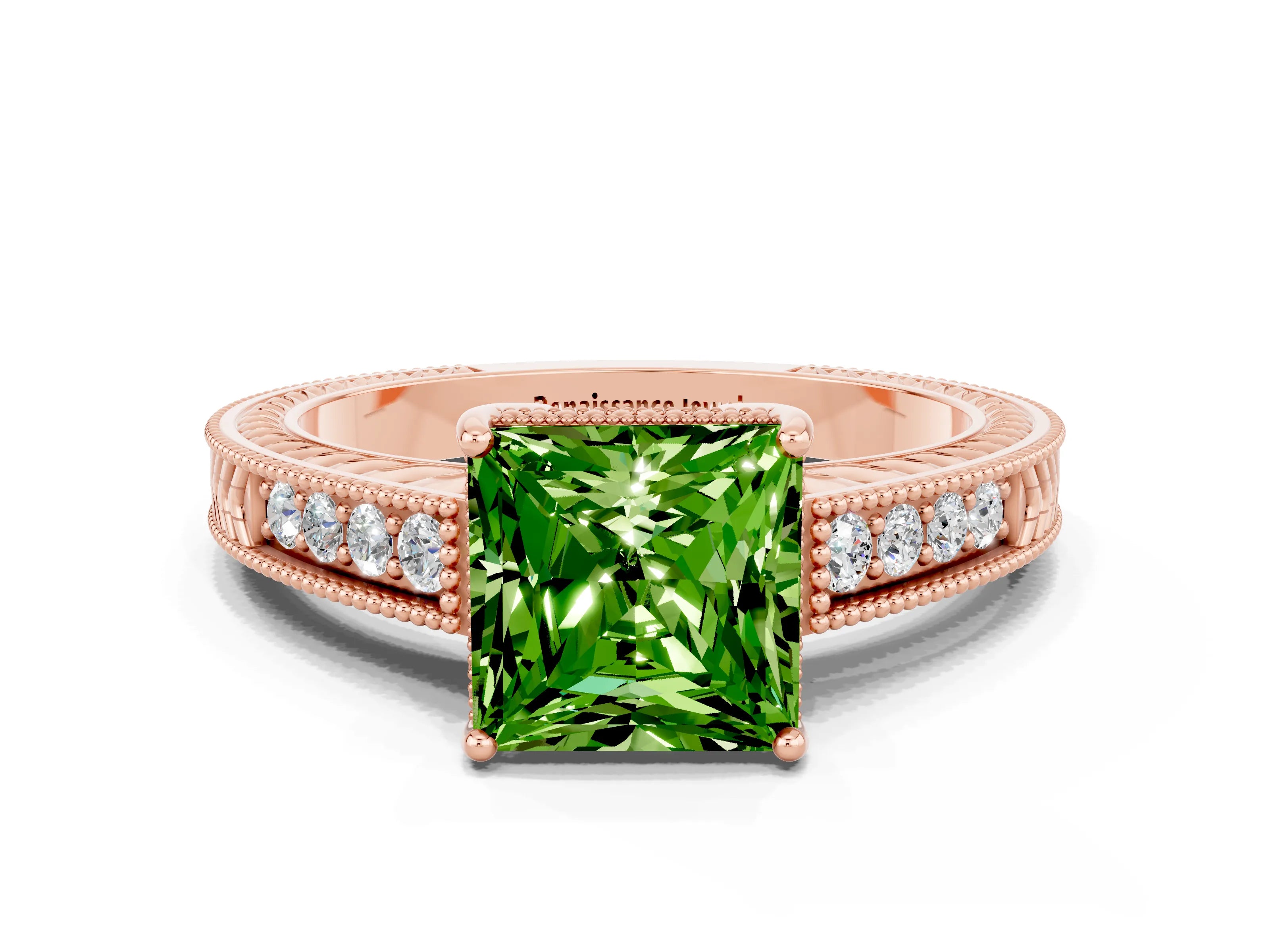 Rose gold Princess Cut Peridot Ring with Milgrain Pavé Band and Four-Prong Setting_12