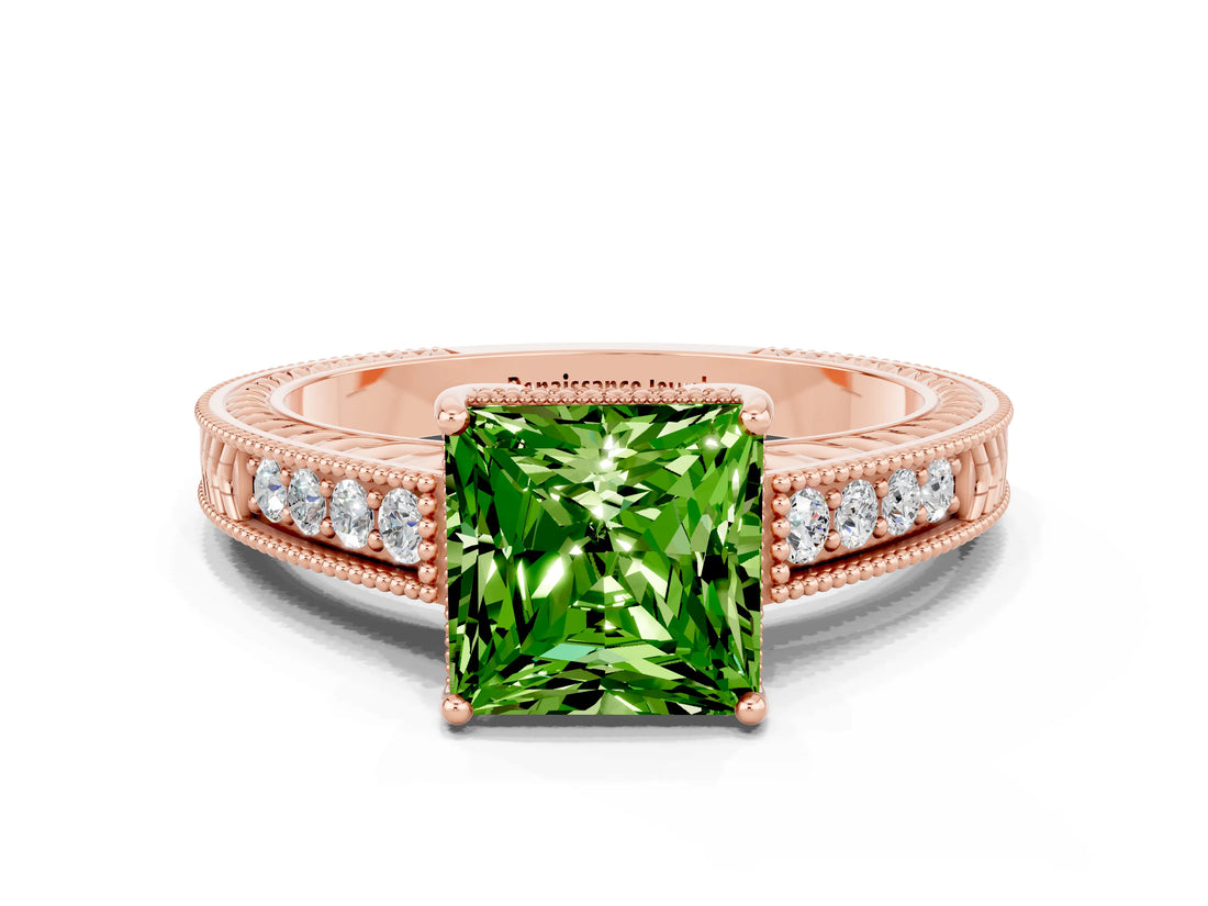 Rose gold Princess Cut Peridot Ring with Milgrain Pavé Band and Four-Prong Setting_12