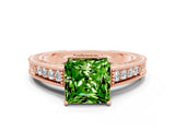 Rose gold Princess Cut Peridot Ring with Milgrain Pavé Band and Four-Prong Setting_12