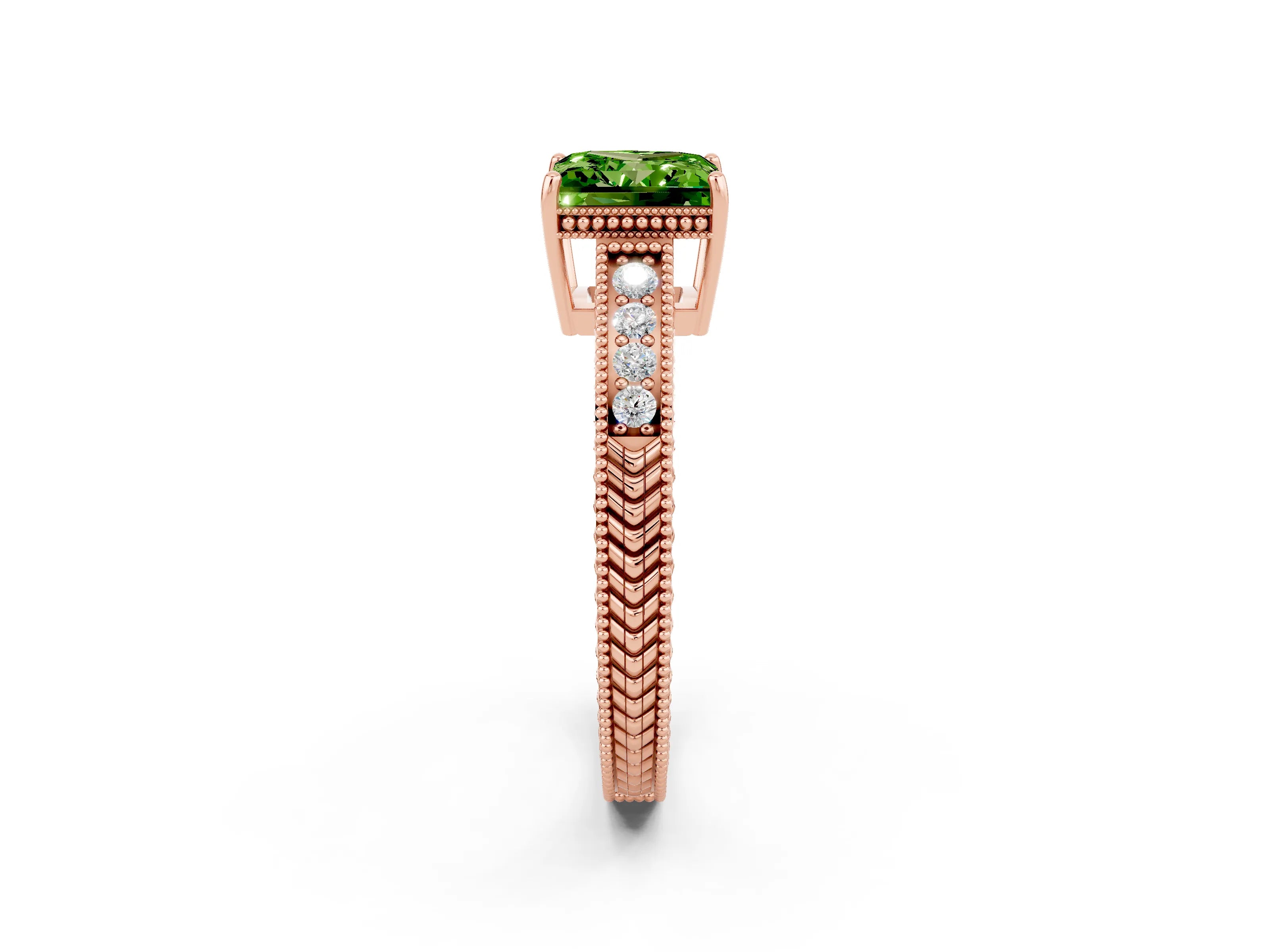Rose gold Princess Cut Peridot Ring with Milgrain Pavé Band and Four-Prong Setting_14