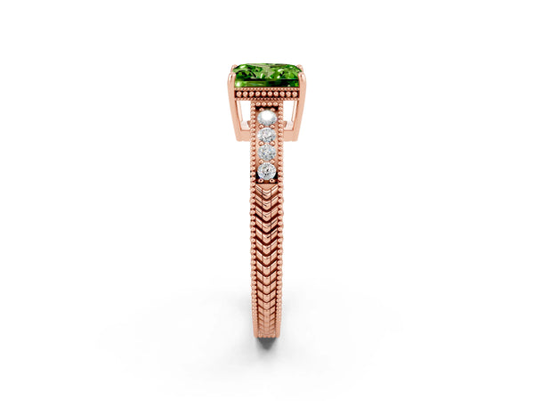 Rose gold Princess Cut Peridot Ring with Milgrain Pavé Band and Four-Prong Setting