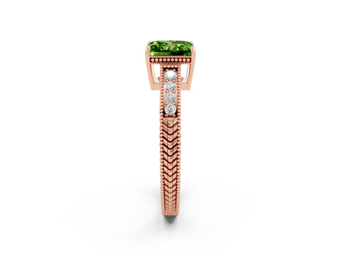Rose gold Princess Cut Peridot Ring with Milgrain Pavé Band and Four-Prong Setting_14