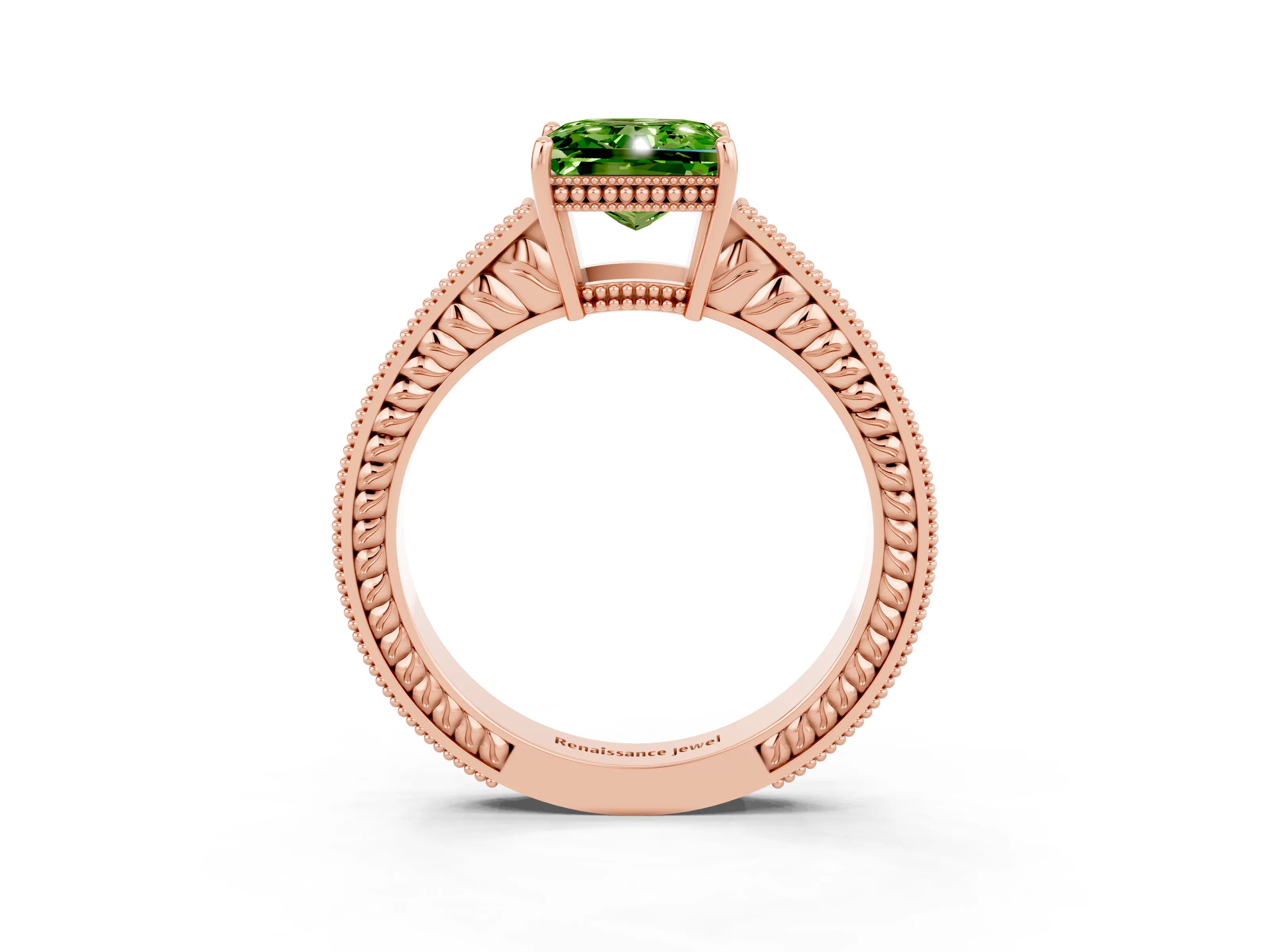 Rose gold Princess Cut Peridot Ring with Milgrain Pavé Band and Four-Prong Setting_15