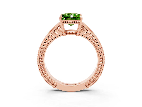 Rose gold Princess Cut Peridot Ring with Milgrain Pavé Band and Four-Prong Setting