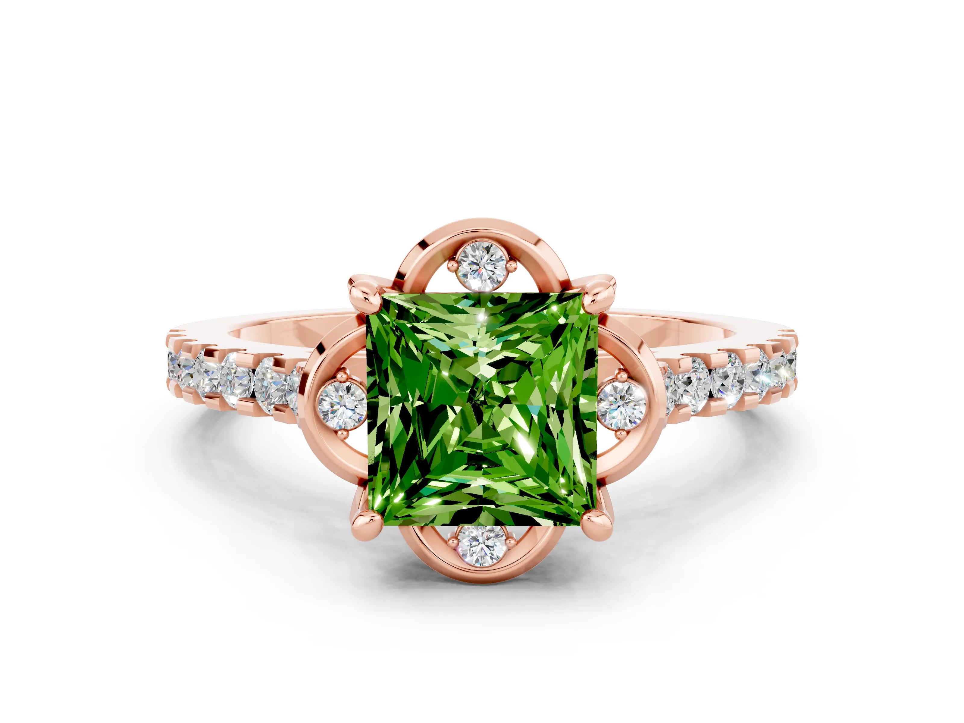 Rose gold Princess Cut Peridot Ring with Pavé Band and Floral Prong Setting
