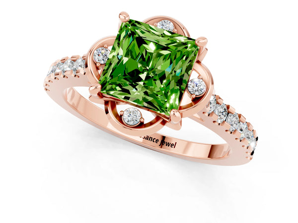 Rose gold Princess Cut Peridot Ring with Pavé Band and Floral Prong Setting