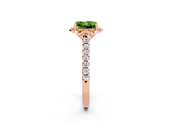 Rose gold Princess Cut Peridot Ring with Pavé Band and Floral Prong Setting