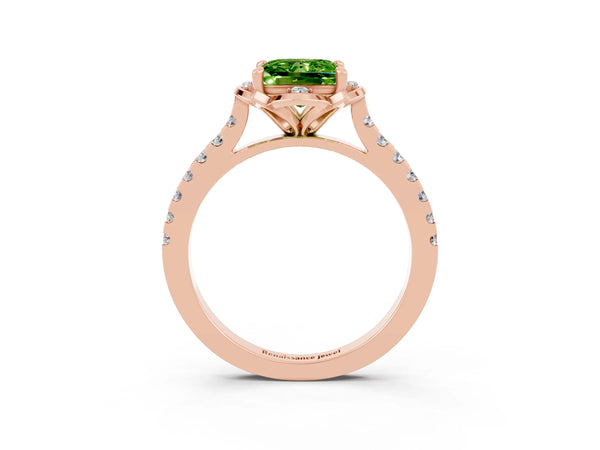 Rose gold Princess Cut Peridot Ring with Pavé Band and Floral Prong Setting