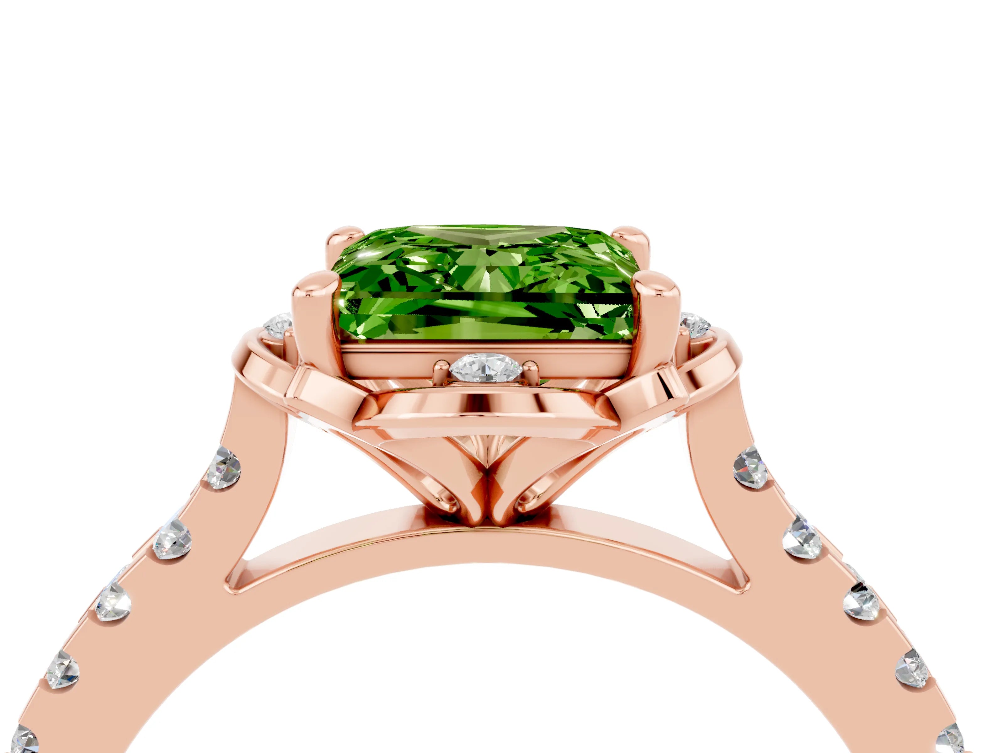 Rose gold Princess Cut Peridot Ring with Pavé Band and Floral Prong Setting_4