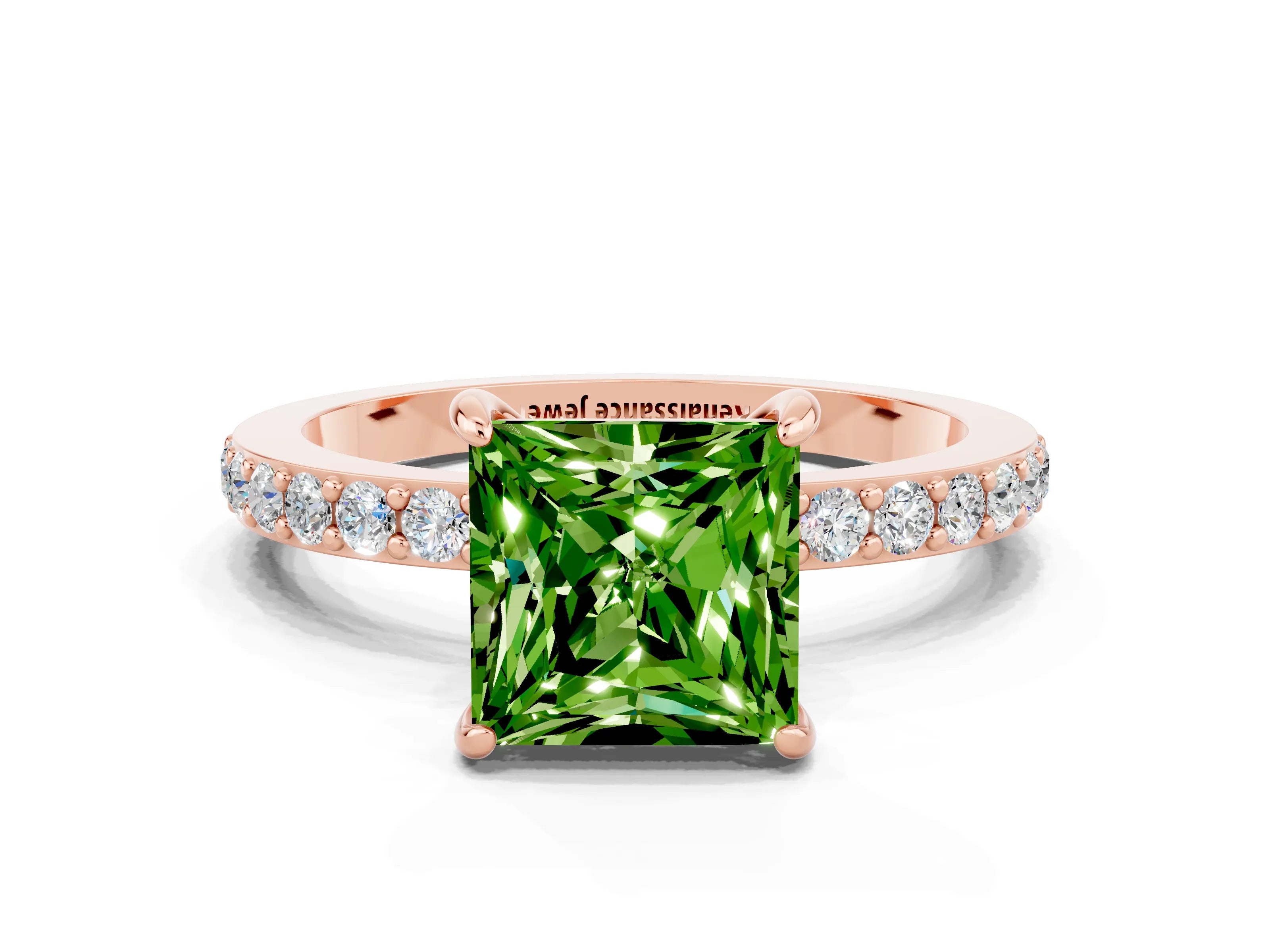 Rose gold Princess Cut Peridot Ring with Pavé Band and Four-Prong Setting