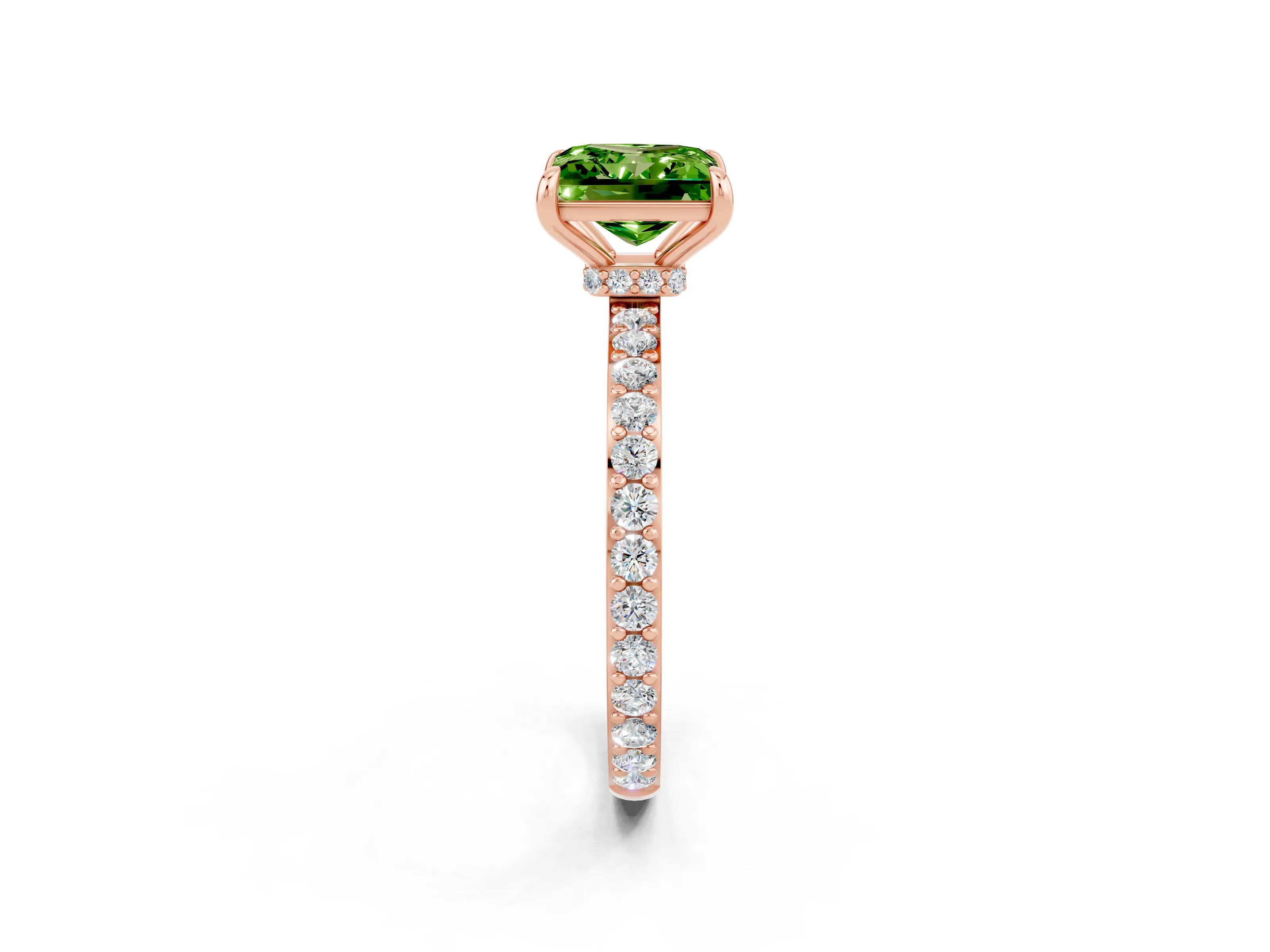 Rose gold Princess Cut Peridot Ring with Pavé Band and Four-Prong Setting_2