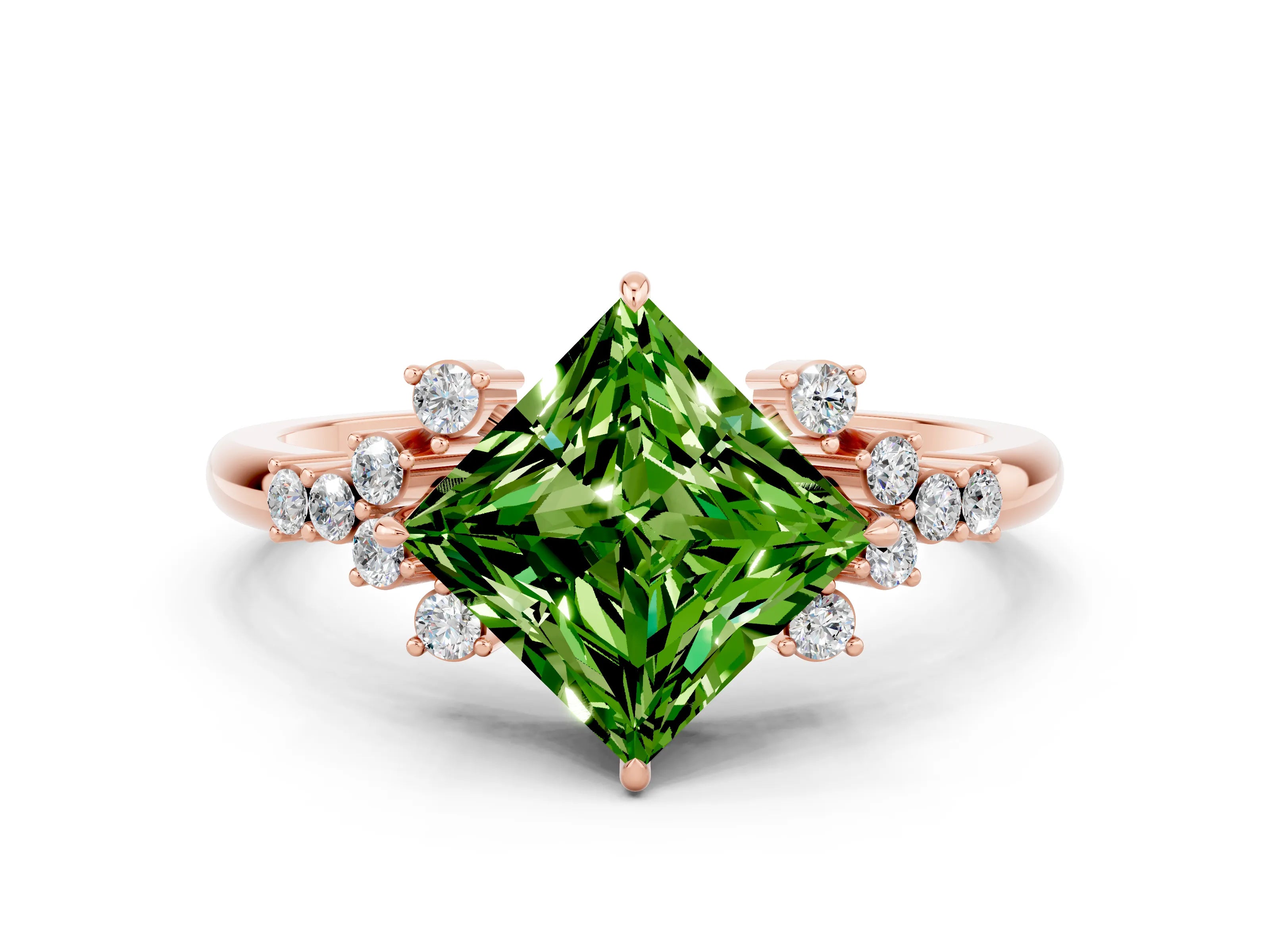 Rose gold Princess Cut Peridot Ring with Side Stones and Four-Prong Setting_36