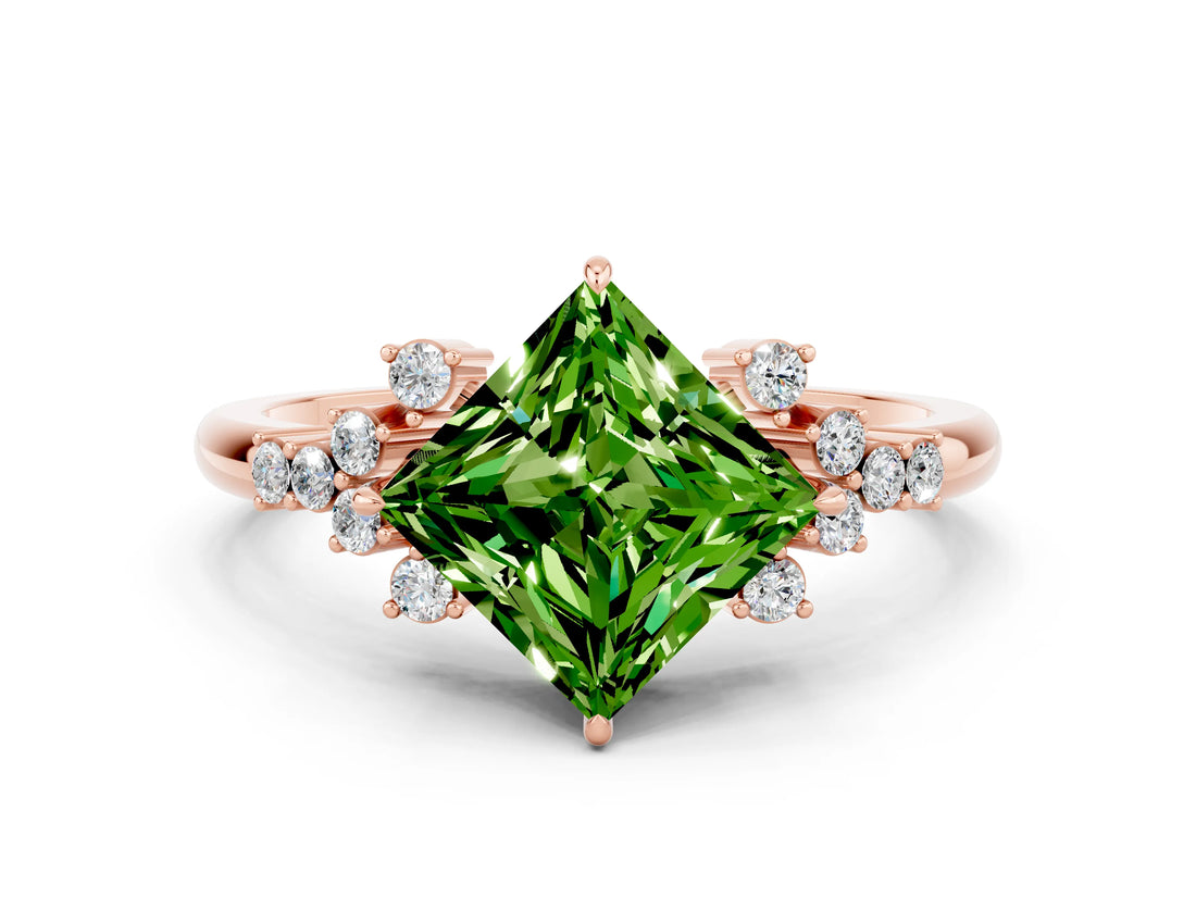 Rose gold Princess Cut Peridot Ring with Side Stones and Four-Prong Setting_36