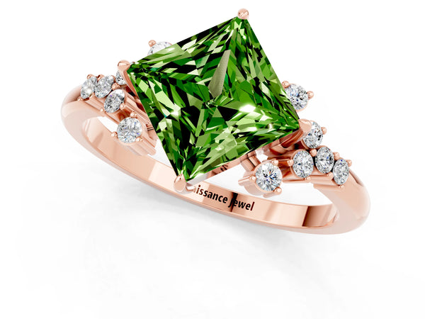 Rose gold Princess Cut Peridot Ring with Side Stones and Four-Prong Setting