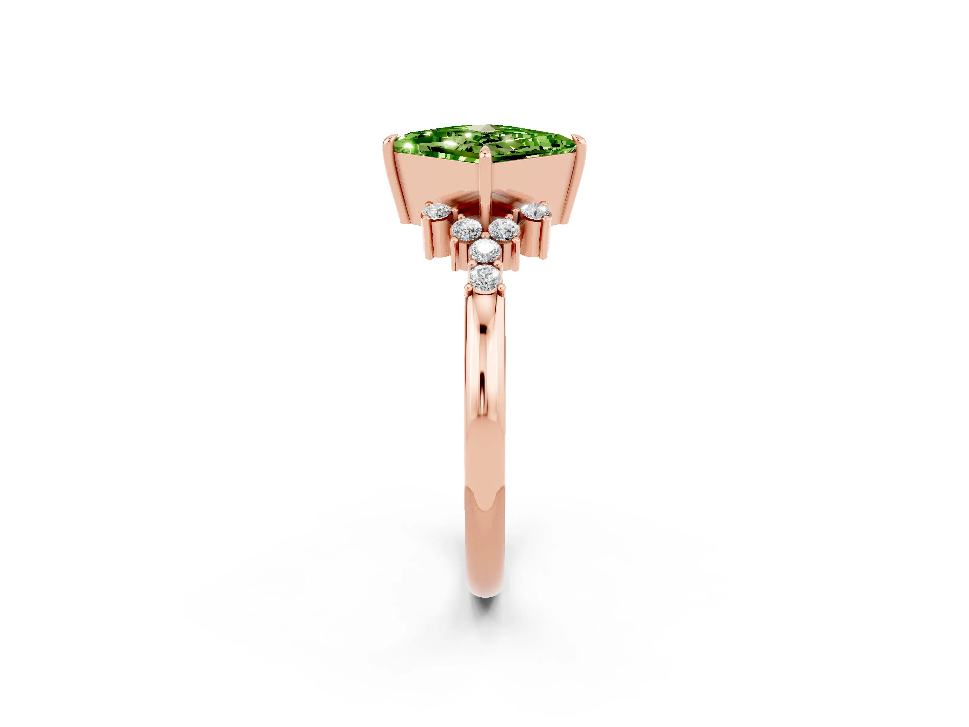 Rose gold Princess Cut Peridot Ring with Side Stones and Four-Prong Setting_38