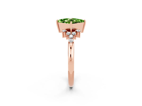 Rose gold Princess Cut Peridot Ring with Side Stones and Four-Prong Setting