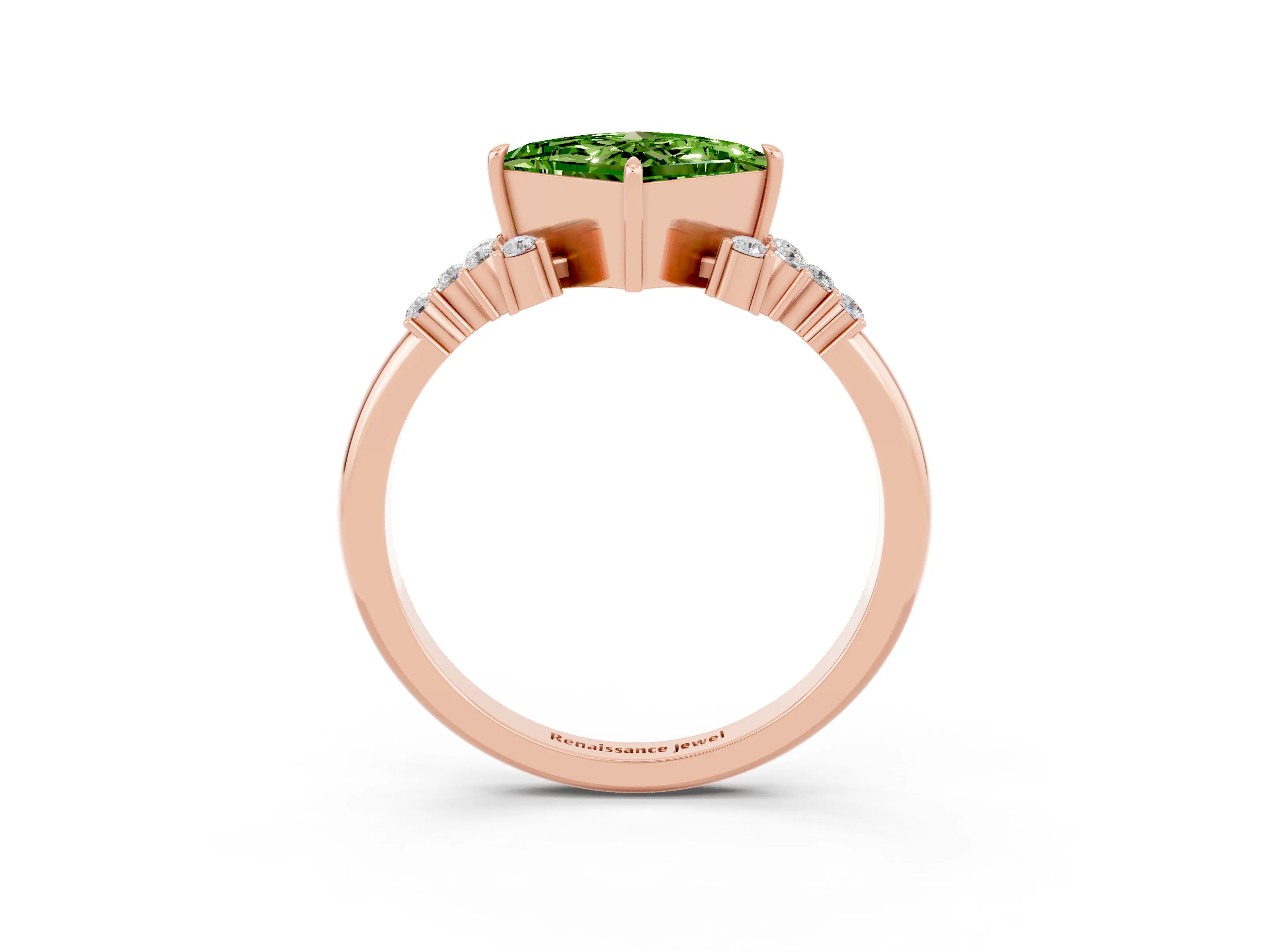 Rose gold Princess Cut Peridot Ring with Side Stones and Four-Prong Setting_39