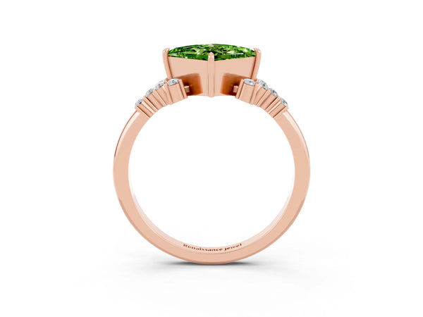 Rose gold Princess Cut Peridot Ring with Side Stones and Four-Prong Setting