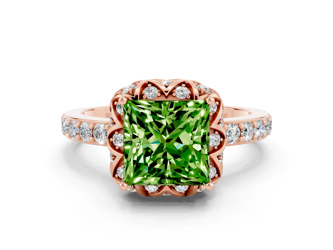 Rose gold Princess Cut Peridot Scalloped Halo Engagement Ring with Round Shared Prong Band_12