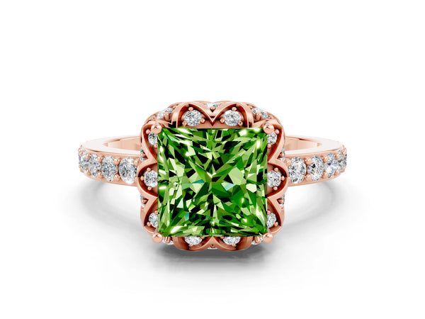Rose gold Princess Cut Peridot Scalloped Halo Engagement Ring with Round Shared Prong Band