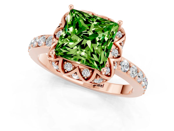 Rose gold Princess Cut Peridot Scalloped Halo Engagement Ring with Round Shared Prong Band