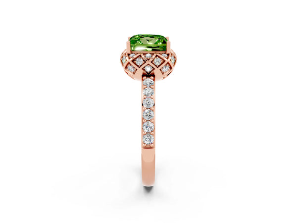 Rose gold Princess Cut Peridot Scalloped Halo Engagement Ring with Round Shared Prong Band