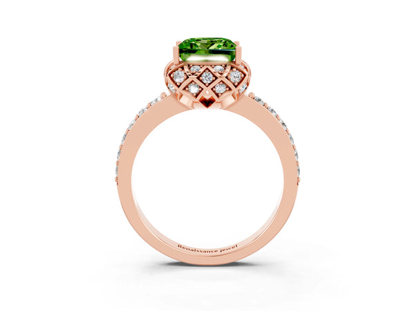 Rose gold Princess Cut Peridot Scalloped Halo Engagement Ring with Round Shared Prong Band
