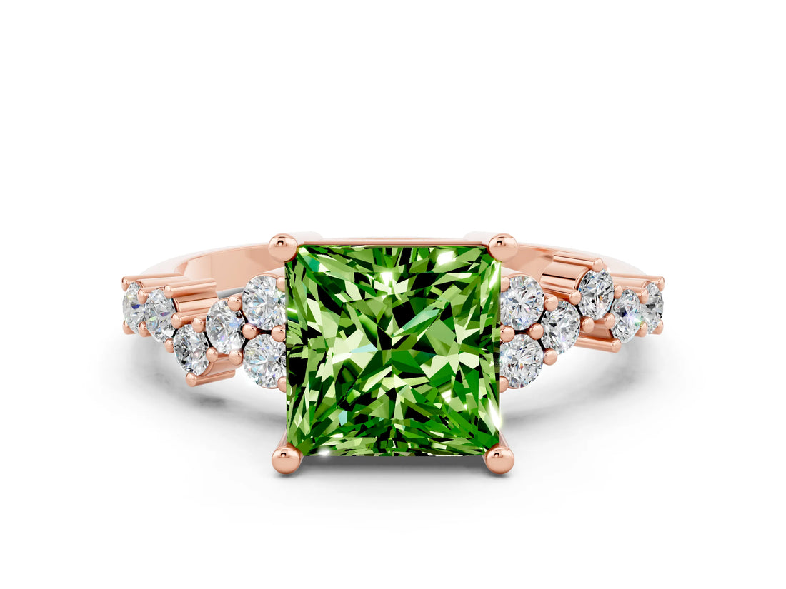 Rose gold Princess Cut Peridot Scattered Round Accent Ring with Prong Setting_12
