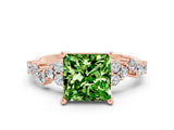 Rose gold Princess Cut Peridot Scattered Round Accent Ring with Prong Setting_12