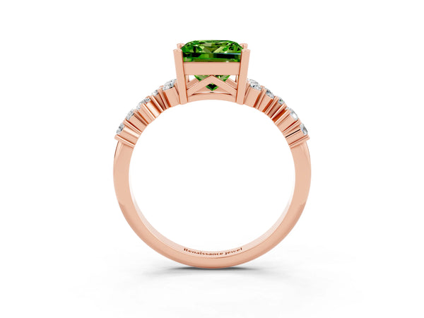 Rose gold Princess Cut Peridot Scattered Round Accent Ring with Prong Setting