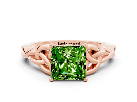 Rose gold Princess Cut Peridot Solitaire Celtic Knot Ring with Four-Prong Setting_12