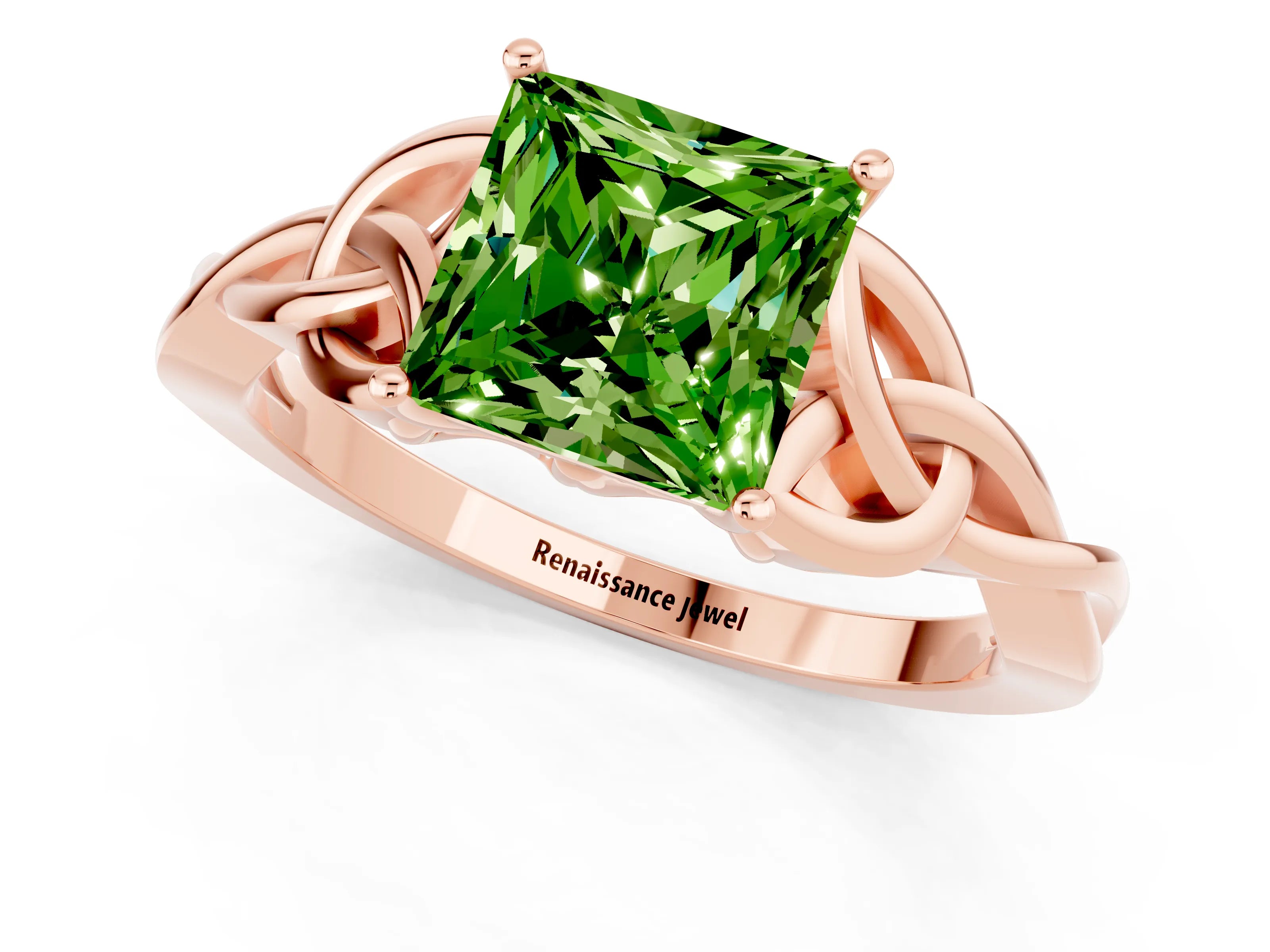 Rose gold Princess Cut Peridot Solitaire Celtic Knot Ring with Four-Prong Setting_13