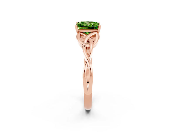 Rose gold Princess Cut Peridot Solitaire Celtic Knot Ring with Four-Prong Setting