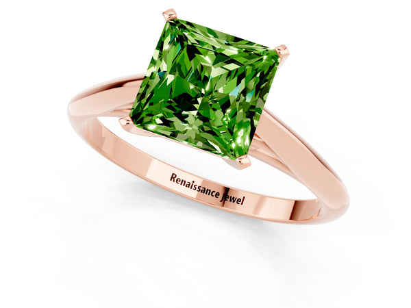 Rose gold Princess Cut Peridot Solitaire Engagement Ring with Cathedral Setting and Four-Prong Mount