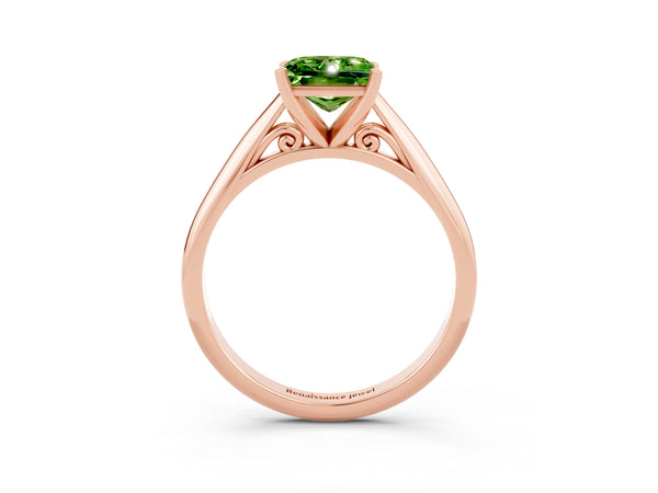 Rose gold Princess Cut Peridot Solitaire Engagement Ring with Cathedral Setting and Four-Prong Mount