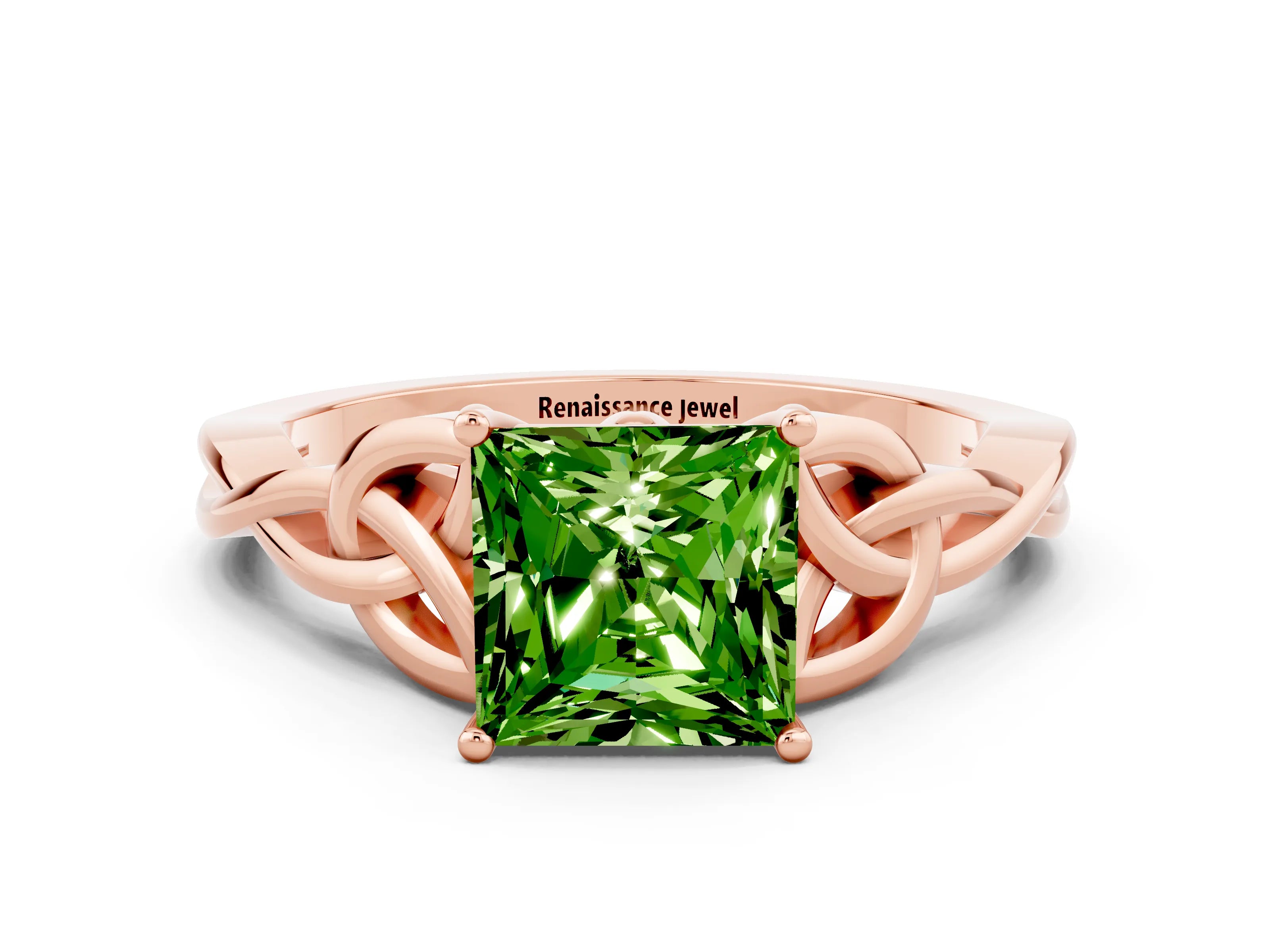 Rose gold Princess Cut Peridot Solitaire Engagement Ring with Celtic Knot Band and Four-Prong Setting