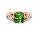 Rose gold Princess Cut Peridot Solitaire Engagement Ring with Celtic Knot Band and Four-Prong Setting